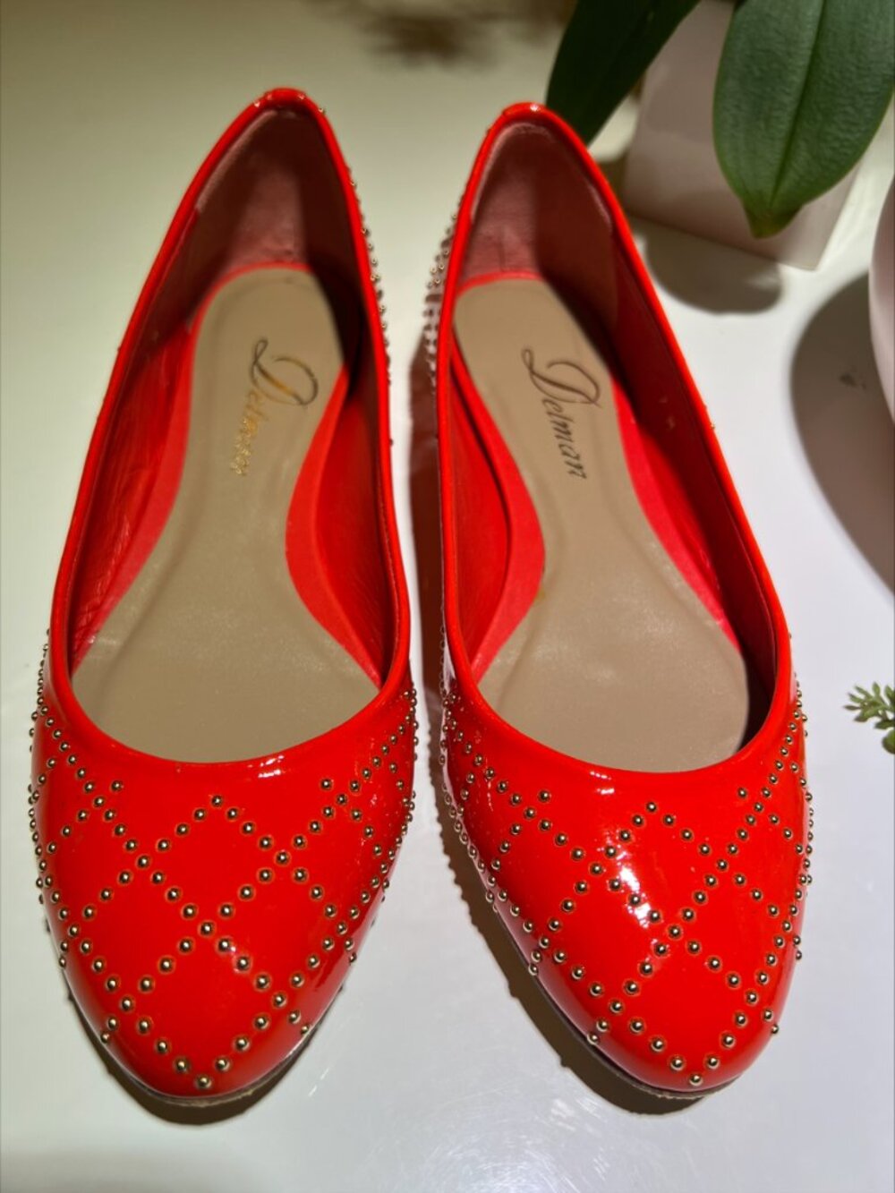 Delman Cache Tangerine Patent Gold Studded Ballet Flats Sz 7M Made in Spain